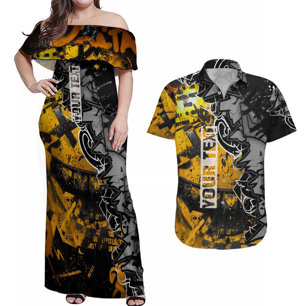 Hip Hop Street Style Couples Matching Off Shoulder Maxi Dress and Hawaiian Shirt Yellow and Black Graffiti and Urban Skull Character Design - Wonder Print Shop