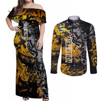 Hip Hop Street Style Couples Matching Off Shoulder Maxi Dress and Long Sleeve Button Shirt Yellow and Black Graffiti and Urban Skull Character Design - Wonder Print Shop