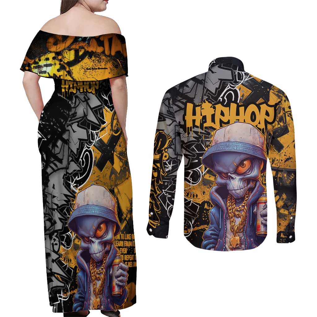 Hip Hop Street Style Couples Matching Off Shoulder Maxi Dress and Long Sleeve Button Shirt Yellow and Black Graffiti and Urban Skull Character Design - Wonder Print Shop