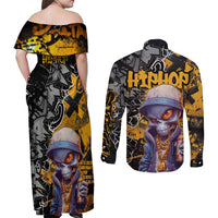 Hip Hop Street Style Couples Matching Off Shoulder Maxi Dress and Long Sleeve Button Shirt Yellow and Black Graffiti and Urban Skull Character Design - Wonder Print Shop