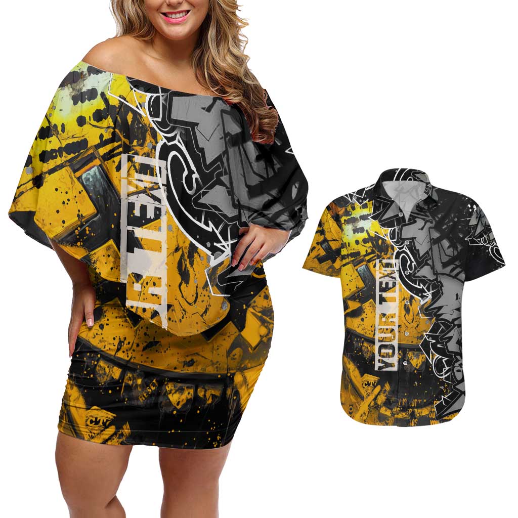 Hip Hop Street Style Couples Matching Off Shoulder Short Dress and Hawaiian Shirt Yellow and Black Graffiti and Urban Skull Character Design - Wonder Print Shop