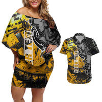 Hip Hop Street Style Couples Matching Off Shoulder Short Dress and Hawaiian Shirt Yellow and Black Graffiti and Urban Skull Character Design - Wonder Print Shop