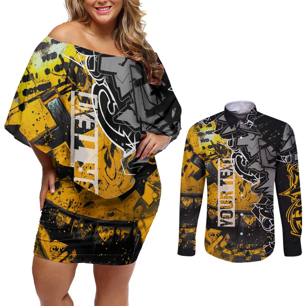 Hip Hop Street Style Couples Matching Off Shoulder Short Dress and Long Sleeve Button Shirt Yellow and Black Graffiti and Urban Skull Character Design - Wonder Print Shop
