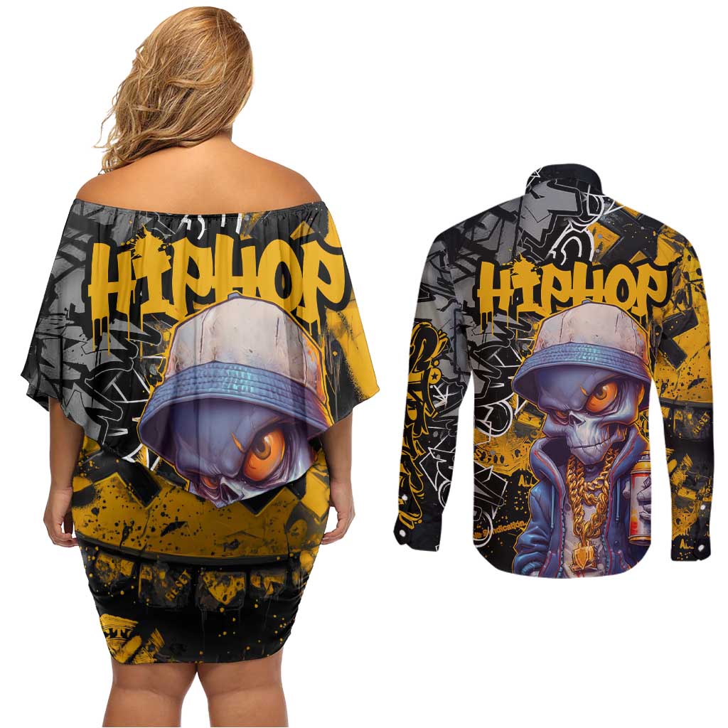 Hip Hop Street Style Couples Matching Off Shoulder Short Dress and Long Sleeve Button Shirt Yellow and Black Graffiti and Urban Skull Character Design - Wonder Print Shop