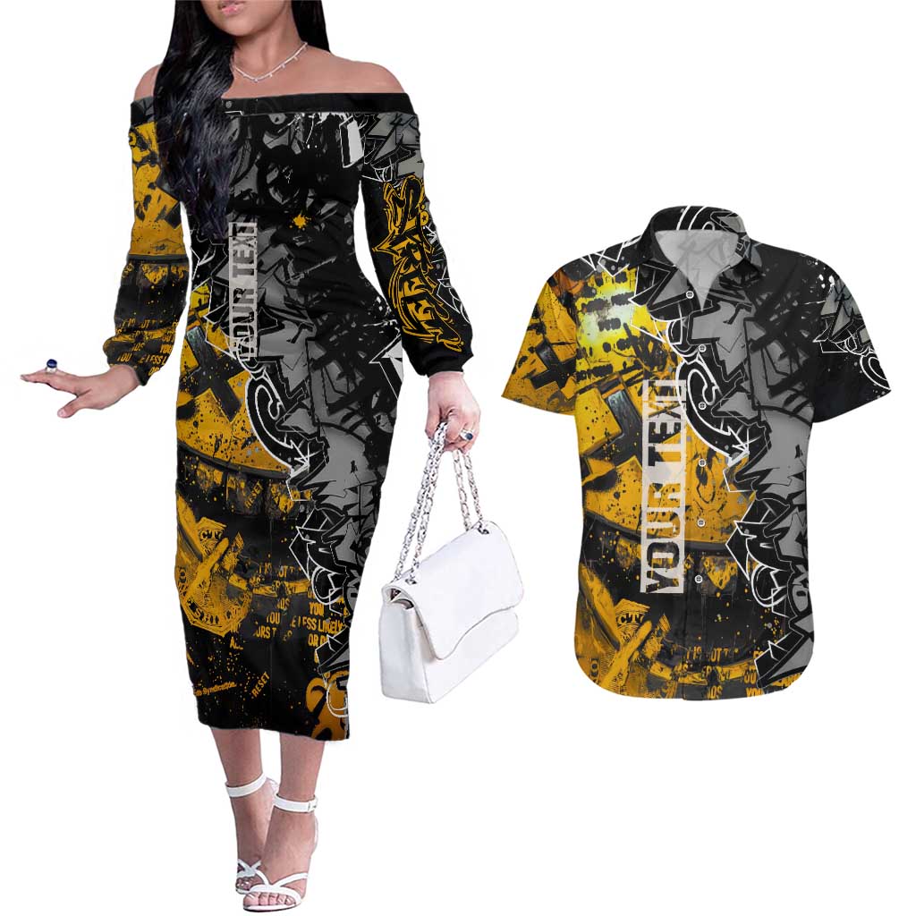 Hip Hop Street Style Couples Matching Off The Shoulder Long Sleeve Dress and Hawaiian Shirt Yellow and Black Graffiti and Urban Skull Character Design - Wonder Print Shop