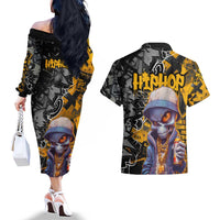 Hip Hop Street Style Couples Matching Off The Shoulder Long Sleeve Dress and Hawaiian Shirt Yellow and Black Graffiti and Urban Skull Character Design - Wonder Print Shop