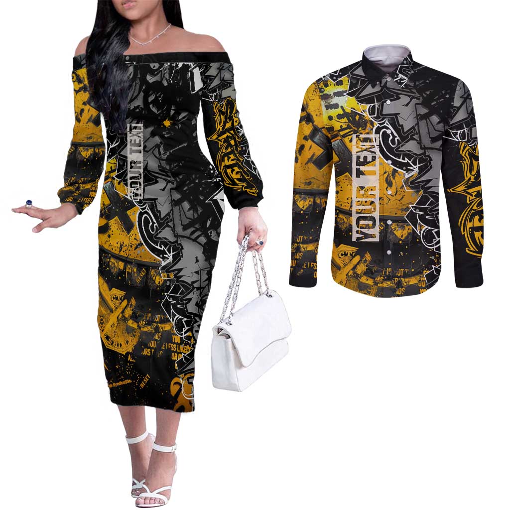 Hip Hop Street Style Couples Matching Off The Shoulder Long Sleeve Dress and Long Sleeve Button Shirt Yellow and Black Graffiti and Urban Skull Character Design - Wonder Print Shop
