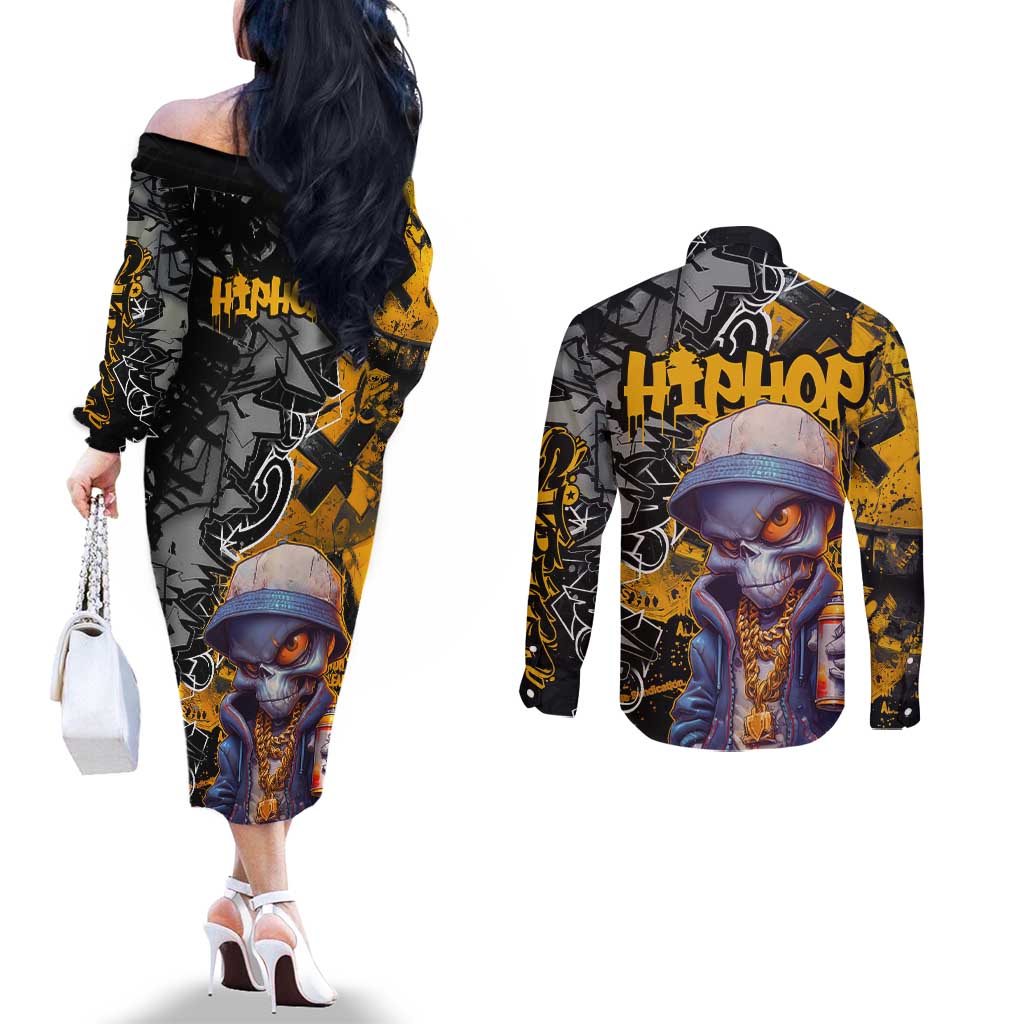 Hip Hop Street Style Couples Matching Off The Shoulder Long Sleeve Dress and Long Sleeve Button Shirt Yellow and Black Graffiti and Urban Skull Character Design - Wonder Print Shop