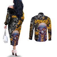 Hip Hop Street Style Couples Matching Off The Shoulder Long Sleeve Dress and Long Sleeve Button Shirt Yellow and Black Graffiti and Urban Skull Character Design - Wonder Print Shop