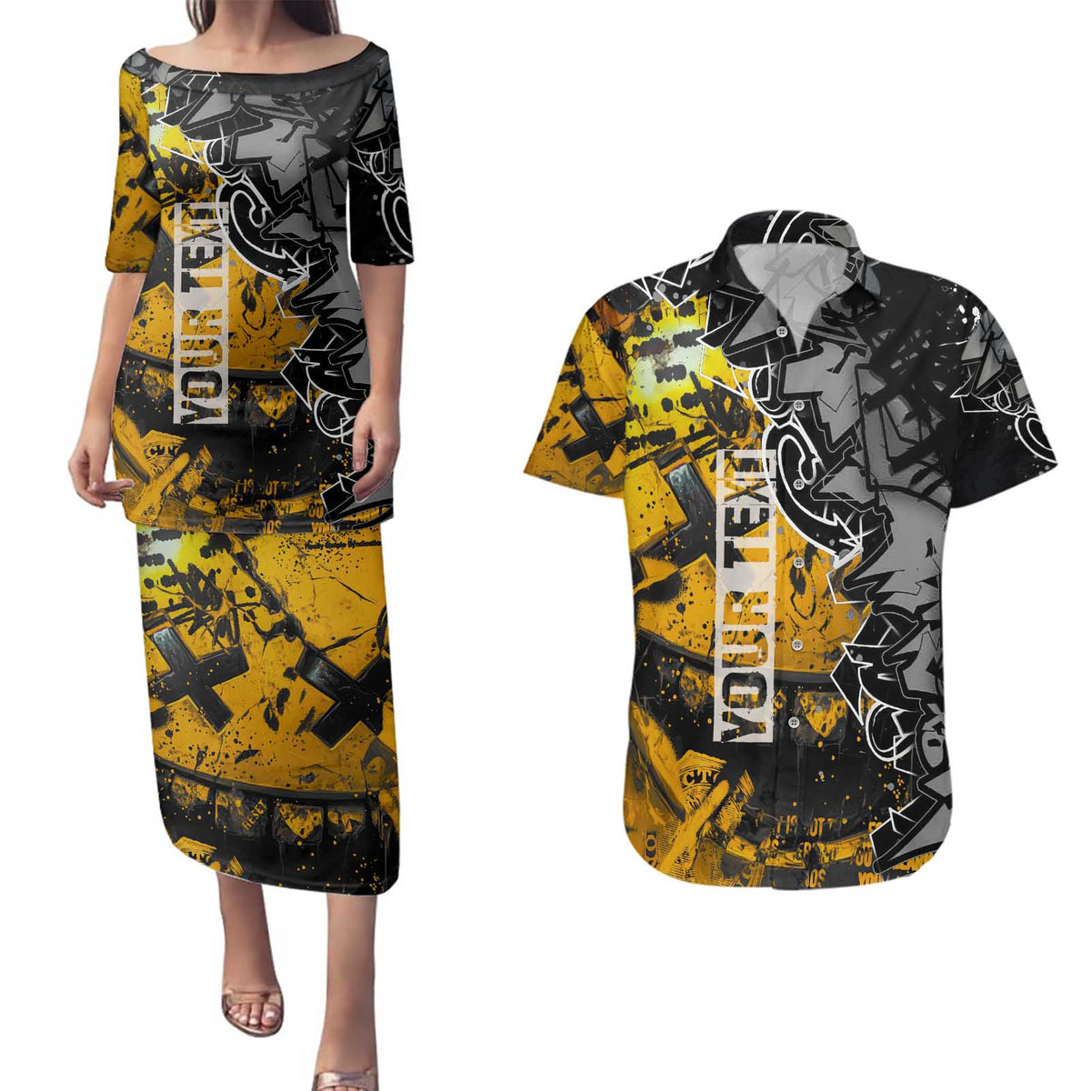 Hip Hop Street Style Couples Matching Puletasi and Hawaiian Shirt Yellow and Black Graffiti and Urban Skull Character Design - Wonder Print Shop