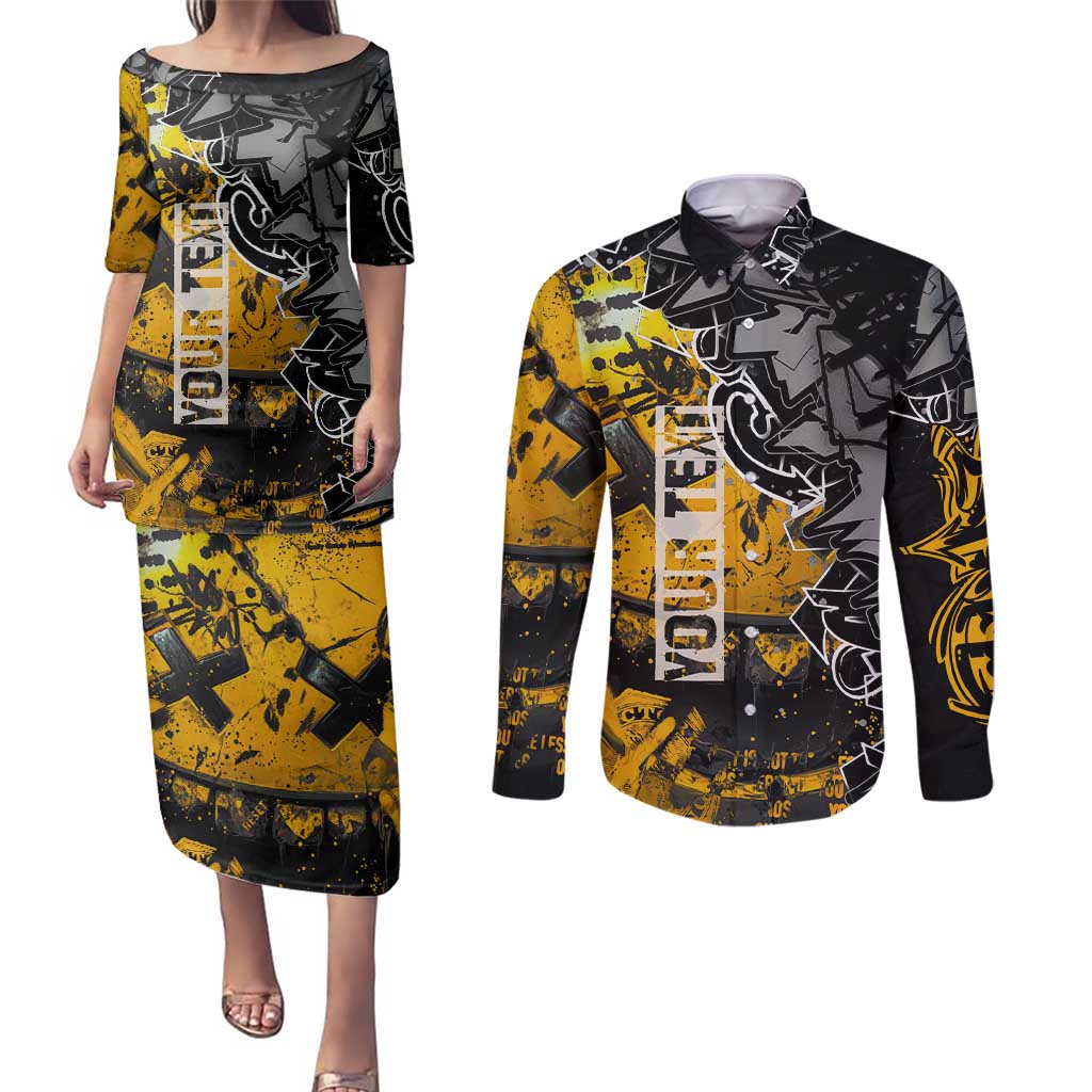 Hip Hop Street Style Couples Matching Puletasi and Long Sleeve Button Shirt Yellow and Black Graffiti and Urban Skull Character Design - Wonder Print Shop