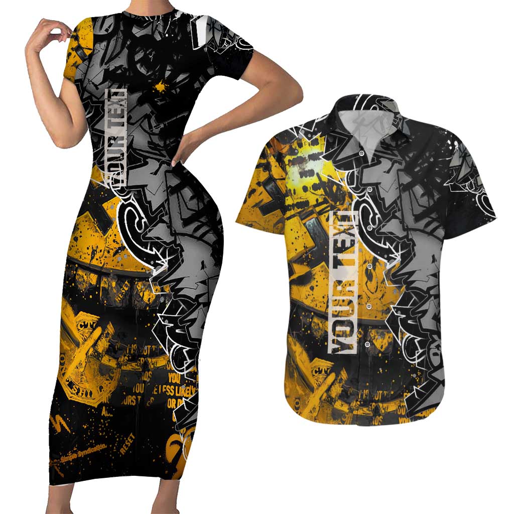 Hip Hop Street Style Couples Matching Short Sleeve Bodycon Dress and Hawaiian Shirt Yellow and Black Graffiti and Urban Skull Character Design - Wonder Print Shop
