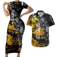 Hip Hop Street Style Couples Matching Short Sleeve Bodycon Dress and Hawaiian Shirt Yellow and Black Graffiti and Urban Skull Character Design - Wonder Print Shop