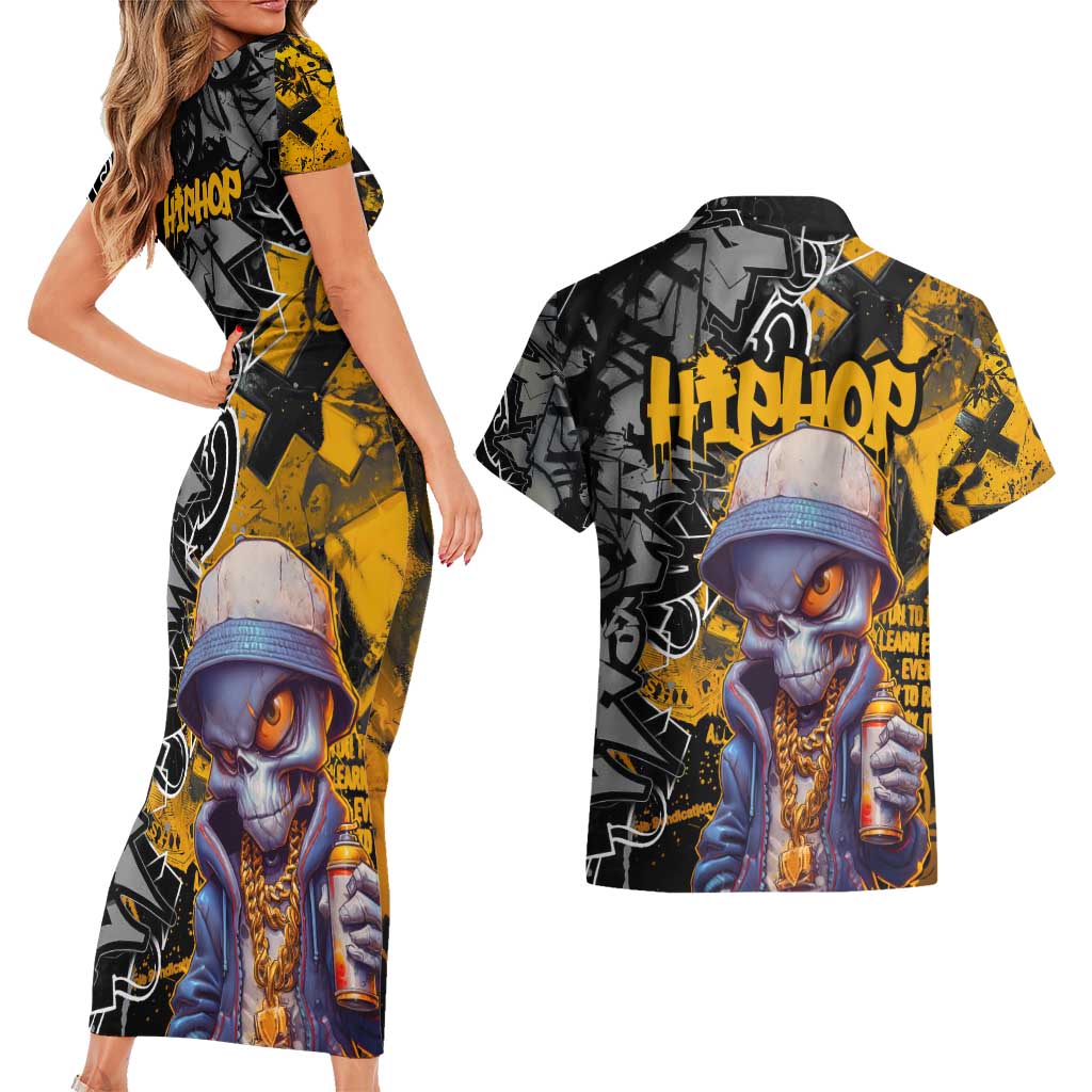 Hip Hop Street Style Couples Matching Short Sleeve Bodycon Dress and Hawaiian Shirt Yellow and Black Graffiti and Urban Skull Character Design - Wonder Print Shop