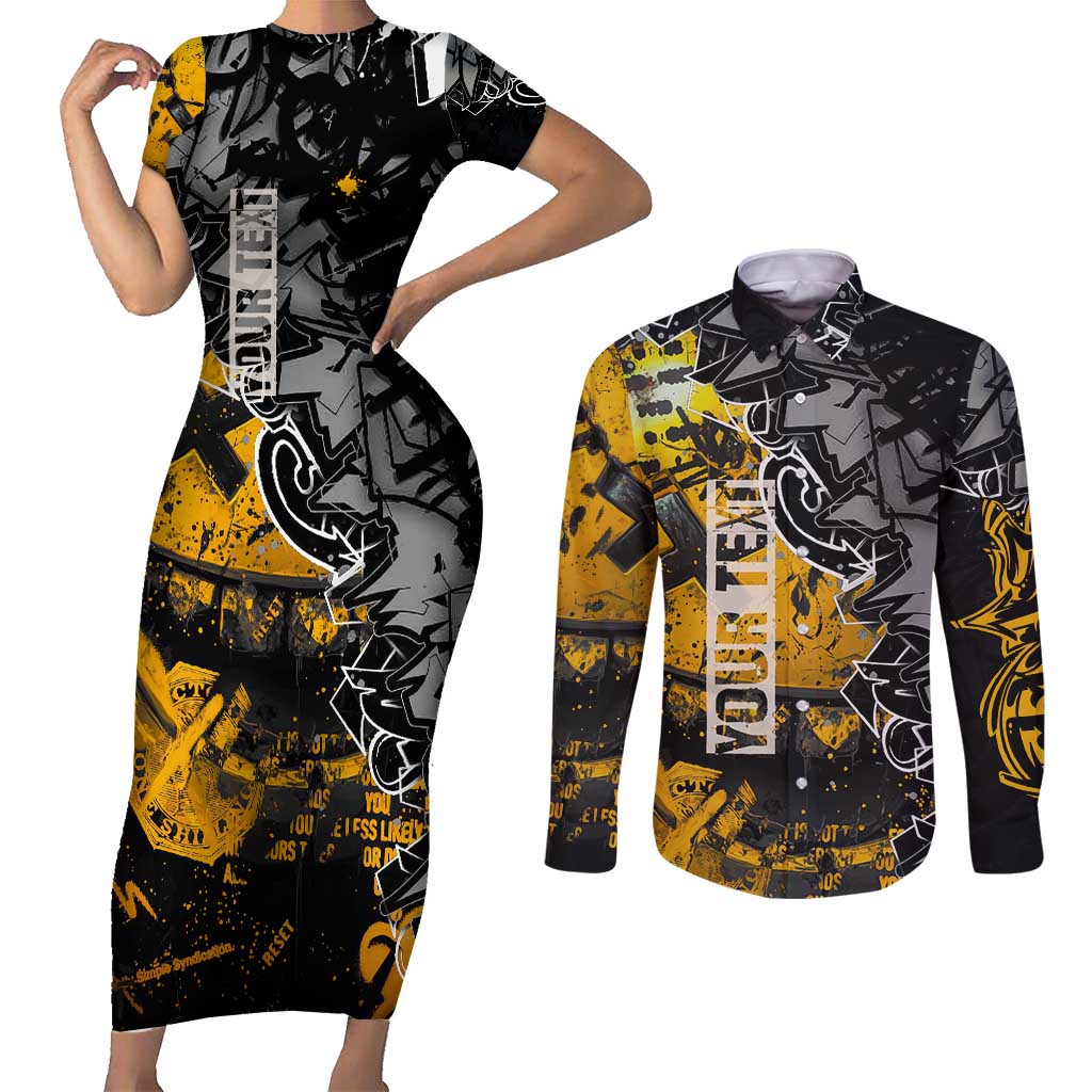 Hip Hop Street Style Couples Matching Short Sleeve Bodycon Dress and Long Sleeve Button Shirt Yellow and Black Graffiti and Urban Skull Character Design - Wonder Print Shop