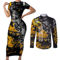 Hip Hop Street Style Couples Matching Short Sleeve Bodycon Dress and Long Sleeve Button Shirt Yellow and Black Graffiti and Urban Skull Character Design - Wonder Print Shop