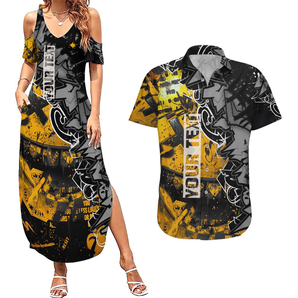 Hip Hop Street Style Couples Matching Summer Maxi Dress and Hawaiian Shirt Yellow and Black Graffiti and Urban Skull Character Design - Wonder Print Shop