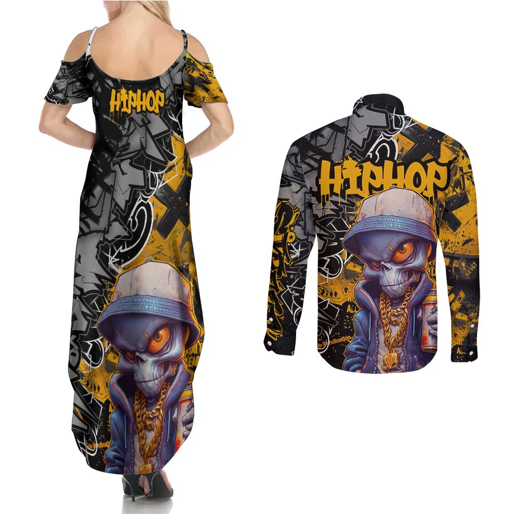 Hip Hop Street Style Couples Matching Summer Maxi Dress and Long Sleeve Button Shirt Yellow and Black Graffiti and Urban Skull Character Design - Wonder Print Shop