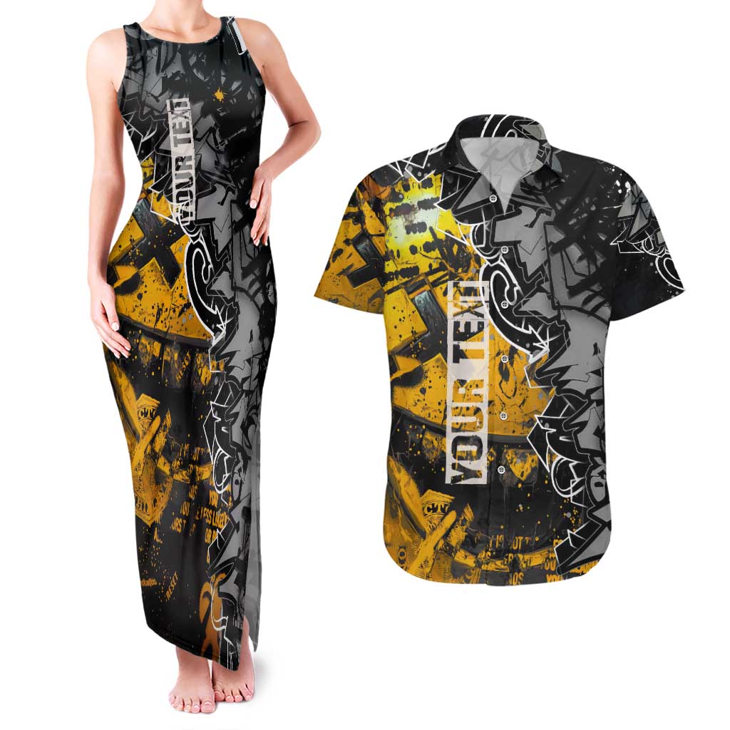 Hip Hop Street Style Couples Matching Tank Maxi Dress and Hawaiian Shirt Yellow and Black Graffiti and Urban Skull Character Design - Wonder Print Shop