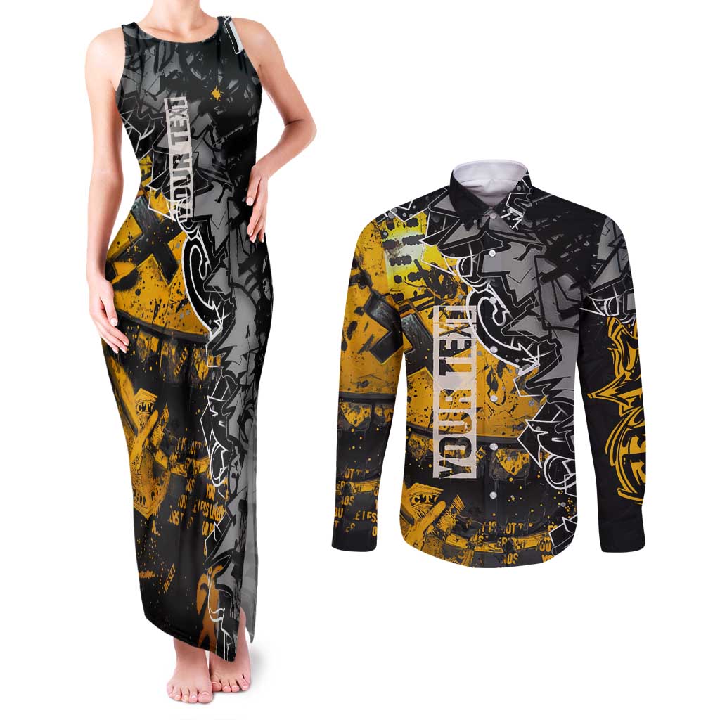 Hip Hop Street Style Couples Matching Tank Maxi Dress and Long Sleeve Button Shirt Yellow and Black Graffiti and Urban Skull Character Design - Wonder Print Shop