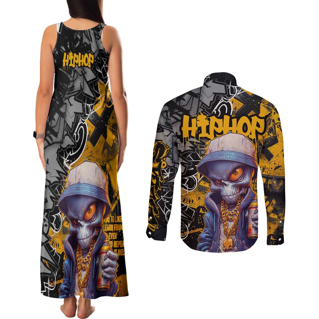 Hip Hop Street Style Couples Matching Tank Maxi Dress and Long Sleeve Button Shirt Yellow and Black Graffiti and Urban Skull Character Design - Wonder Print Shop