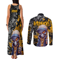 Hip Hop Street Style Couples Matching Tank Maxi Dress and Long Sleeve Button Shirt Yellow and Black Graffiti and Urban Skull Character Design - Wonder Print Shop