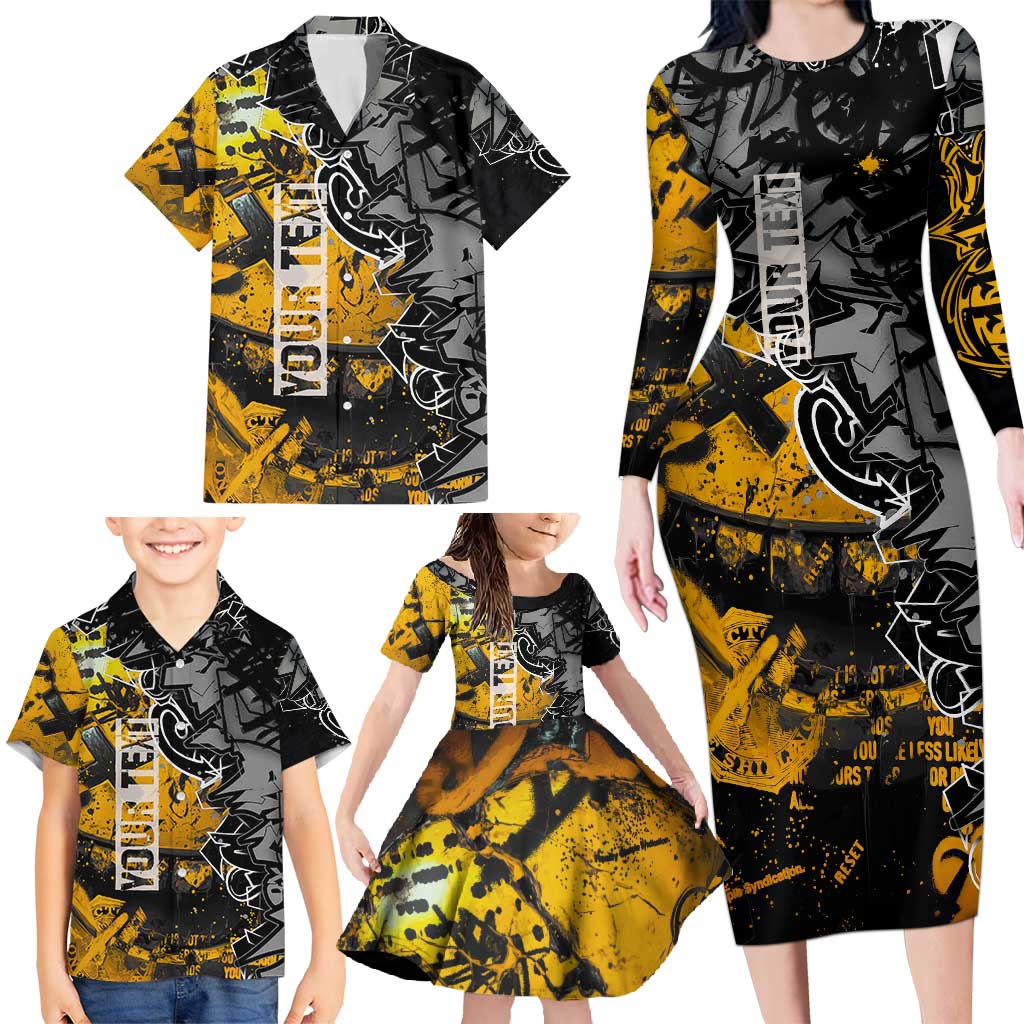 Hip Hop Street Style Family Matching Long Sleeve Bodycon Dress and Hawaiian Shirt Yellow and Black Graffiti and Urban Skull Character Design - Wonder Print Shop