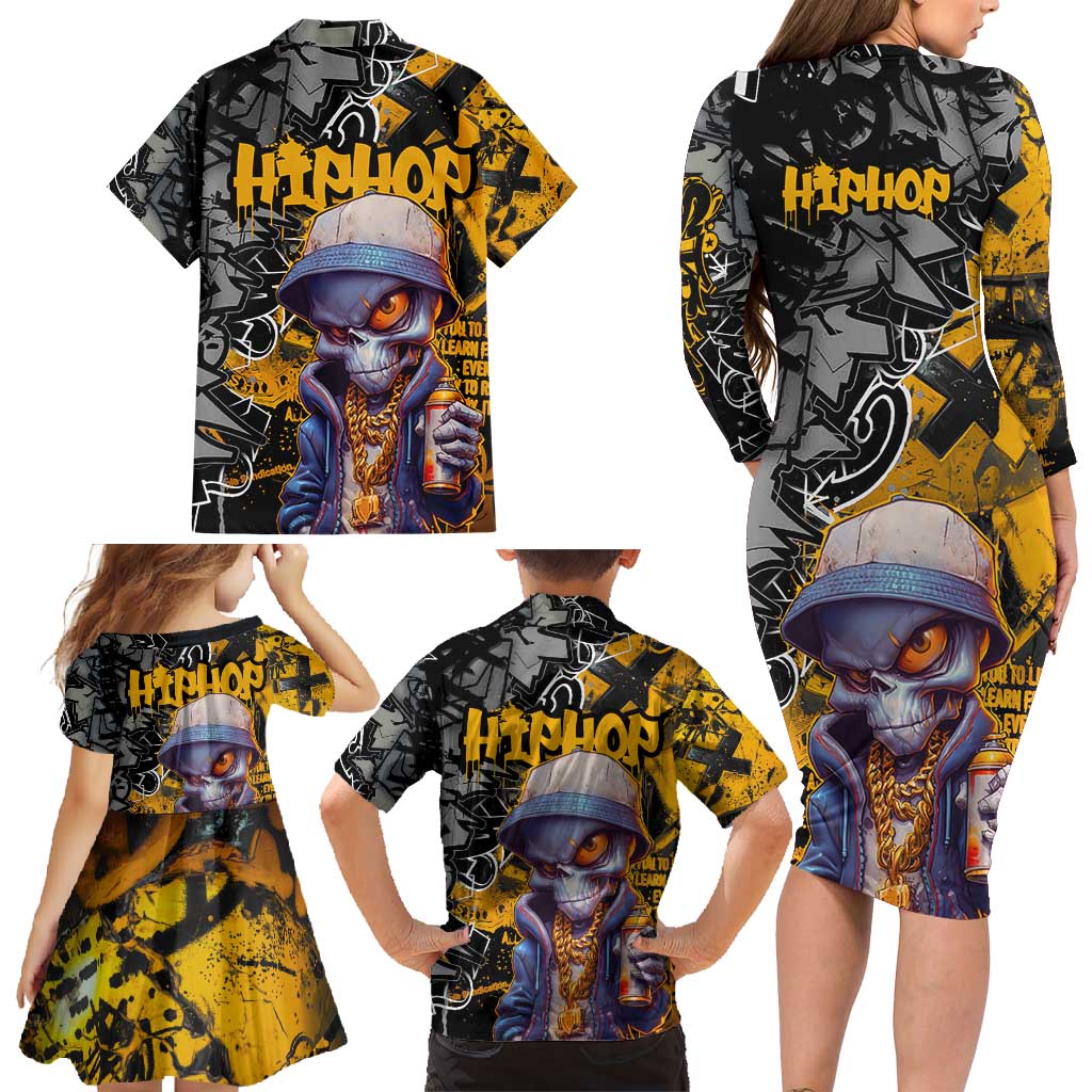 Hip Hop Street Style Family Matching Long Sleeve Bodycon Dress and Hawaiian Shirt Yellow and Black Graffiti and Urban Skull Character Design - Wonder Print Shop