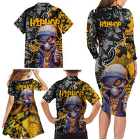 Hip Hop Street Style Family Matching Long Sleeve Bodycon Dress and Hawaiian Shirt Yellow and Black Graffiti and Urban Skull Character Design - Wonder Print Shop