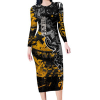 Hip Hop Street Style Family Matching Long Sleeve Bodycon Dress and Hawaiian Shirt Yellow and Black Graffiti and Urban Skull Character Design - Wonder Print Shop