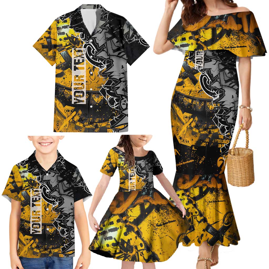 Hip Hop Street Style Family Matching Mermaid Dress and Hawaiian Shirt Yellow and Black Graffiti and Urban Skull Character Design - Wonder Print Shop