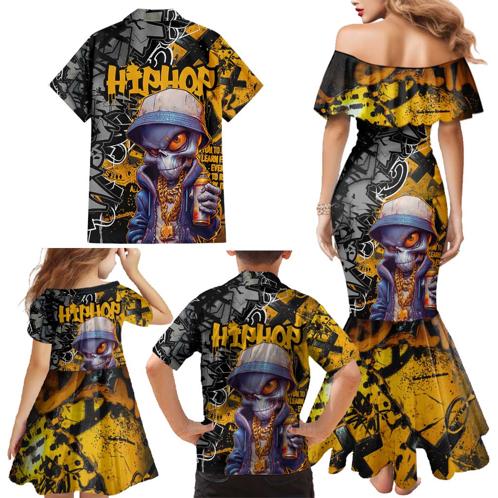 Hip Hop Street Style Family Matching Mermaid Dress and Hawaiian Shirt Yellow and Black Graffiti and Urban Skull Character Design - Wonder Print Shop