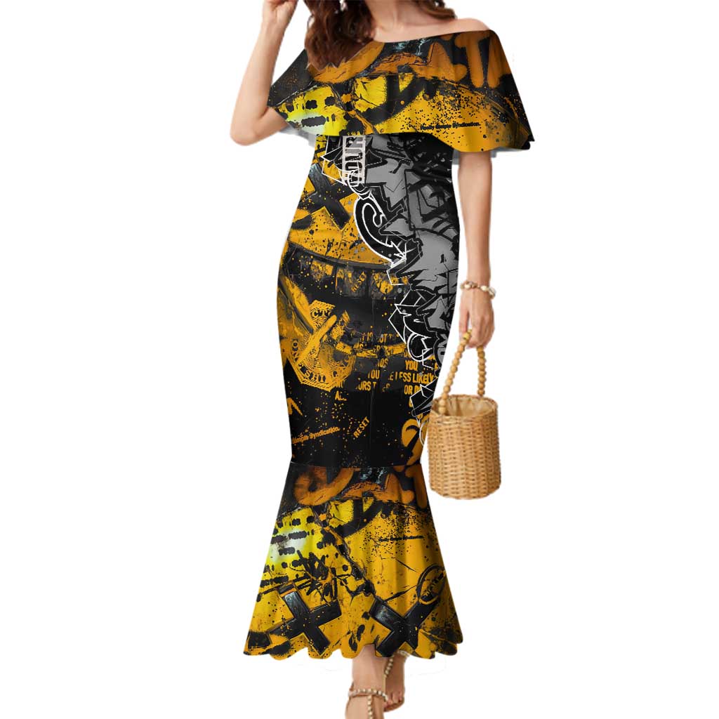 Hip Hop Street Style Family Matching Mermaid Dress and Hawaiian Shirt Yellow and Black Graffiti and Urban Skull Character Design - Wonder Print Shop
