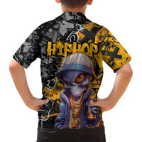 Hip Hop Street Style Family Matching Off The Shoulder Long Sleeve Dress and Hawaiian Shirt Yellow and Black Graffiti and Urban Skull Character Design - Wonder Print Shop