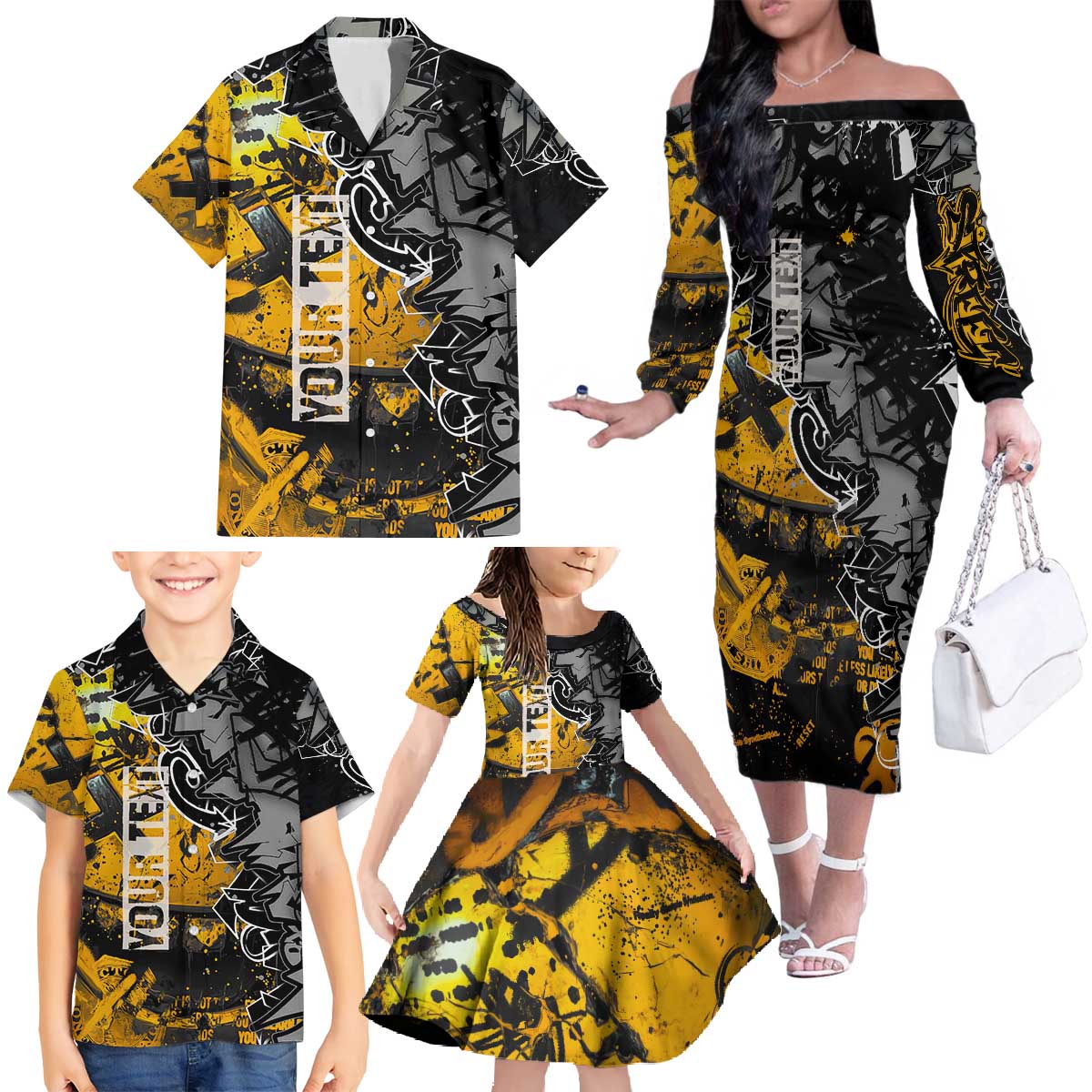 Hip Hop Street Style Family Matching Off The Shoulder Long Sleeve Dress and Hawaiian Shirt Yellow and Black Graffiti and Urban Skull Character Design - Wonder Print Shop