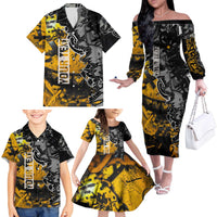 Hip Hop Street Style Family Matching Off The Shoulder Long Sleeve Dress and Hawaiian Shirt Yellow and Black Graffiti and Urban Skull Character Design - Wonder Print Shop