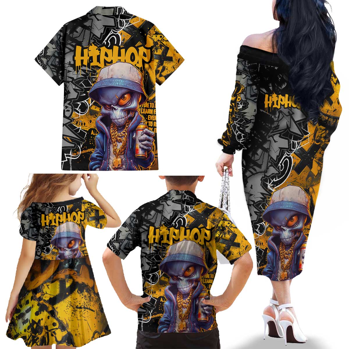 Hip Hop Street Style Family Matching Off The Shoulder Long Sleeve Dress and Hawaiian Shirt Yellow and Black Graffiti and Urban Skull Character Design - Wonder Print Shop