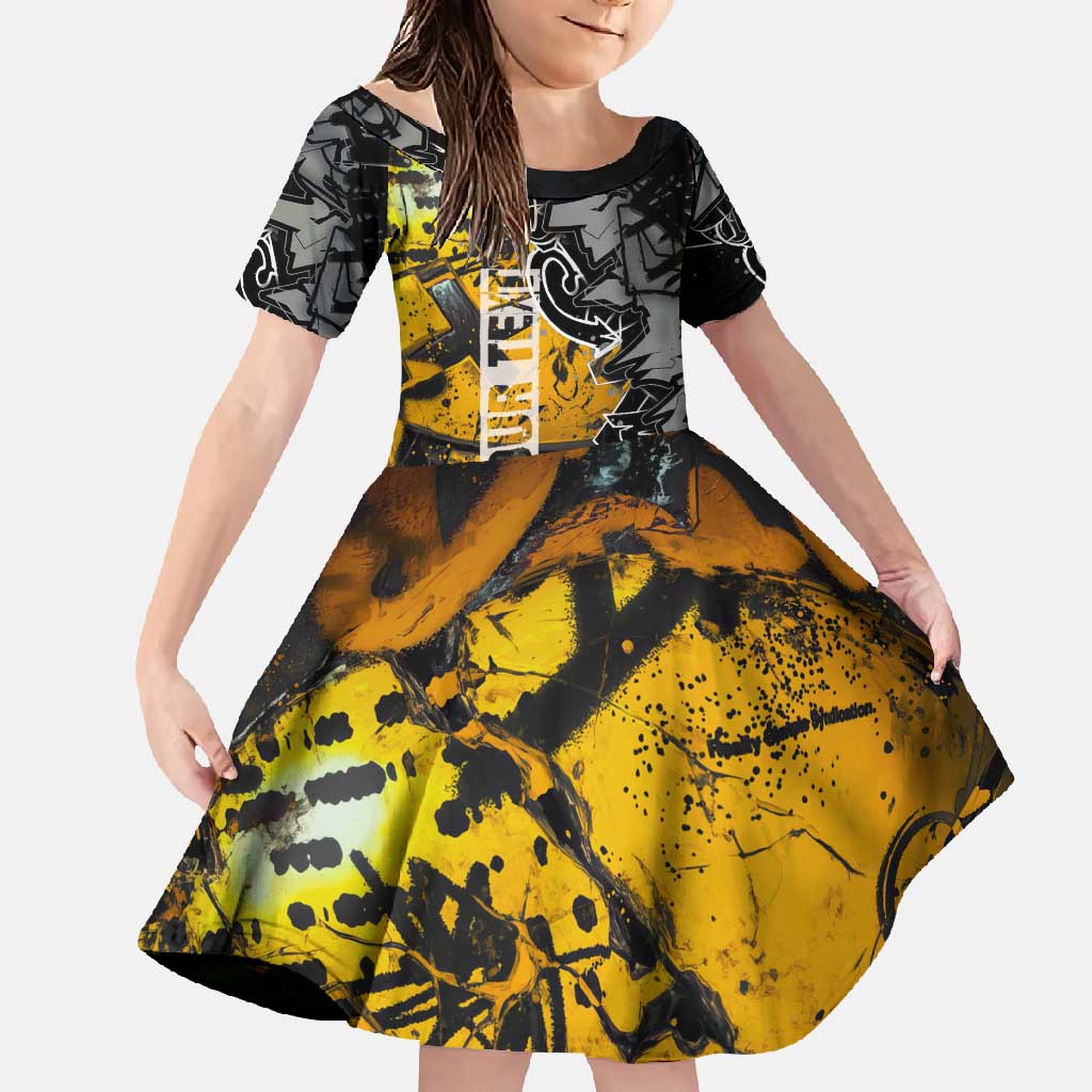 Hip Hop Street Style Family Matching Off Shoulder Maxi Dress and Hawaiian Shirt Yellow and Black Graffiti and Urban Skull Character Design - Wonder Print Shop