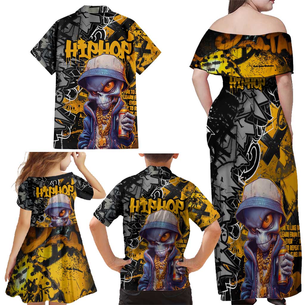 Hip Hop Street Style Family Matching Off Shoulder Maxi Dress and Hawaiian Shirt Yellow and Black Graffiti and Urban Skull Character Design - Wonder Print Shop