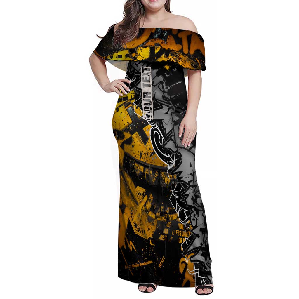 Hip Hop Street Style Family Matching Off Shoulder Maxi Dress and Hawaiian Shirt Yellow and Black Graffiti and Urban Skull Character Design - Wonder Print Shop