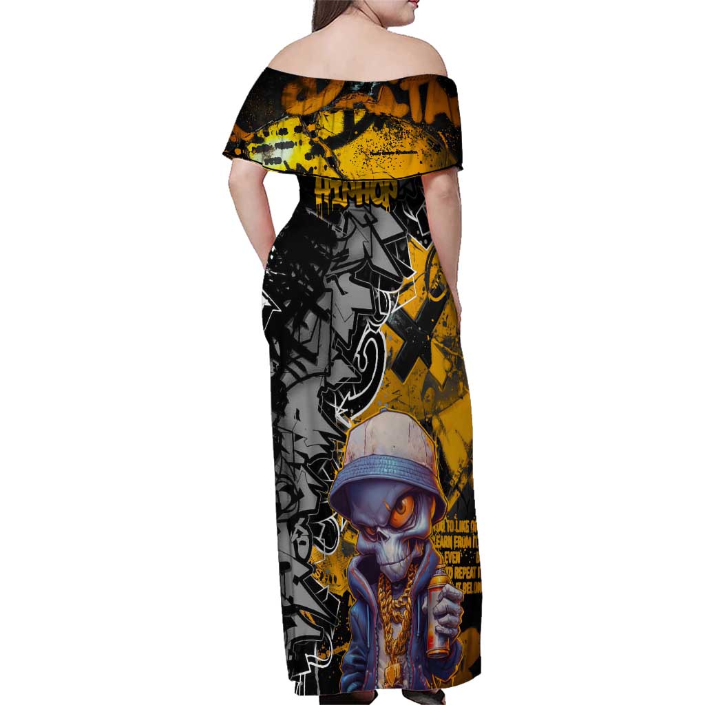Hip Hop Street Style Family Matching Off Shoulder Maxi Dress and Hawaiian Shirt Yellow and Black Graffiti and Urban Skull Character Design - Wonder Print Shop