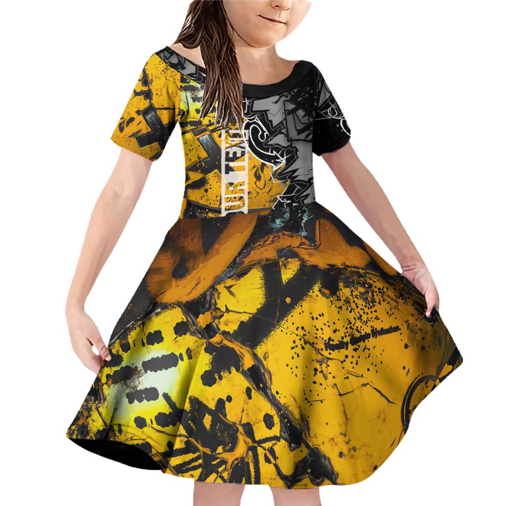 Hip Hop Street Style Family Matching Off Shoulder Short Dress and Hawaiian Shirt Yellow and Black Graffiti and Urban Skull Character Design - Wonder Print Shop
