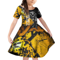 Hip Hop Street Style Family Matching Off Shoulder Short Dress and Hawaiian Shirt Yellow and Black Graffiti and Urban Skull Character Design - Wonder Print Shop
