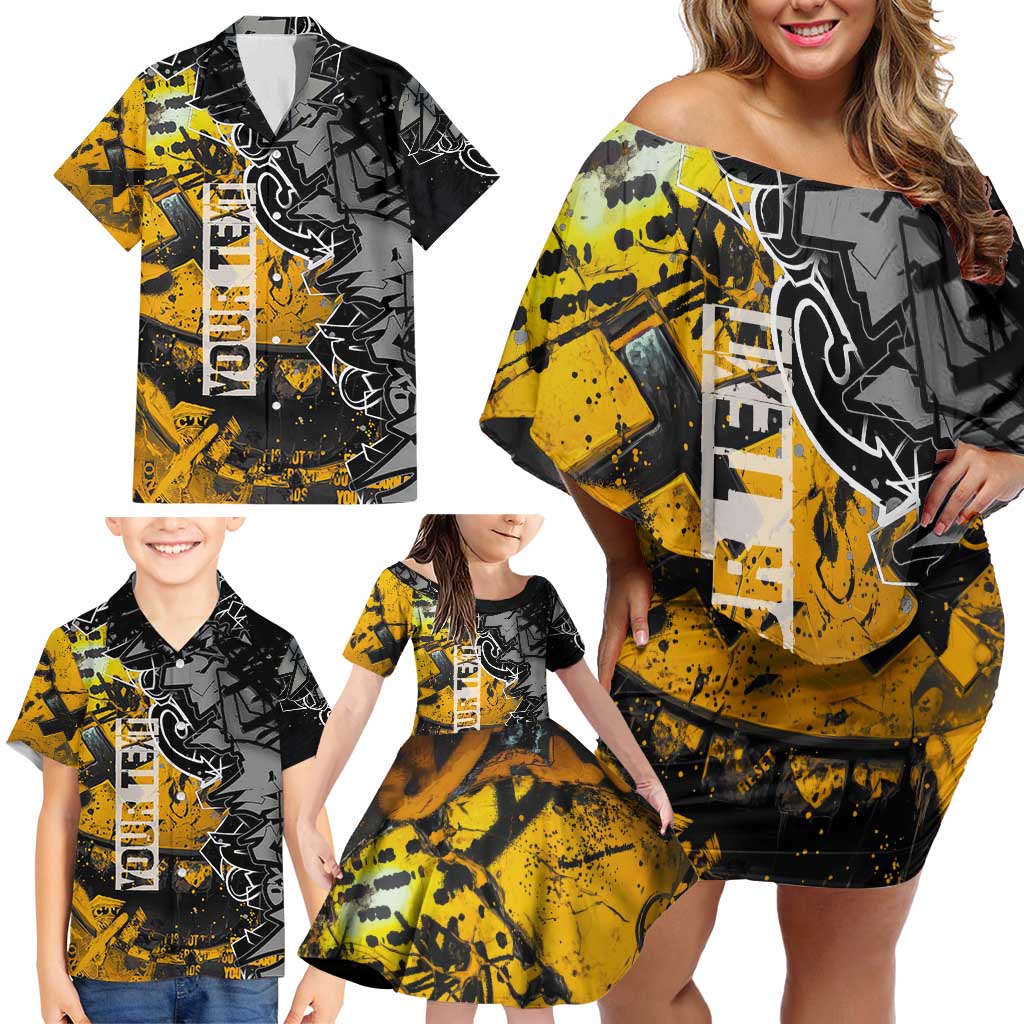 Hip Hop Street Style Family Matching Off Shoulder Short Dress and Hawaiian Shirt Yellow and Black Graffiti and Urban Skull Character Design - Wonder Print Shop
