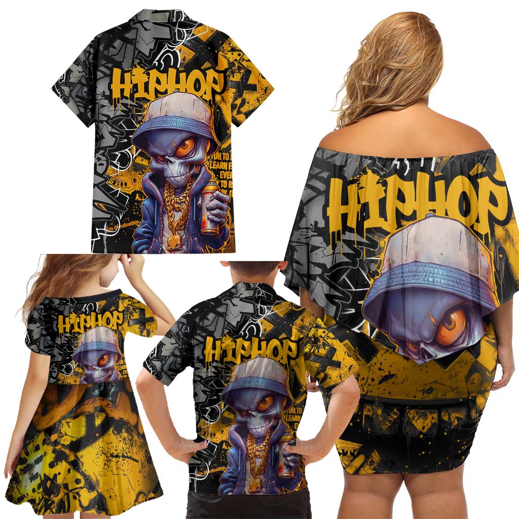 Hip Hop Street Style Family Matching Off Shoulder Short Dress and Hawaiian Shirt Yellow and Black Graffiti and Urban Skull Character Design - Wonder Print Shop