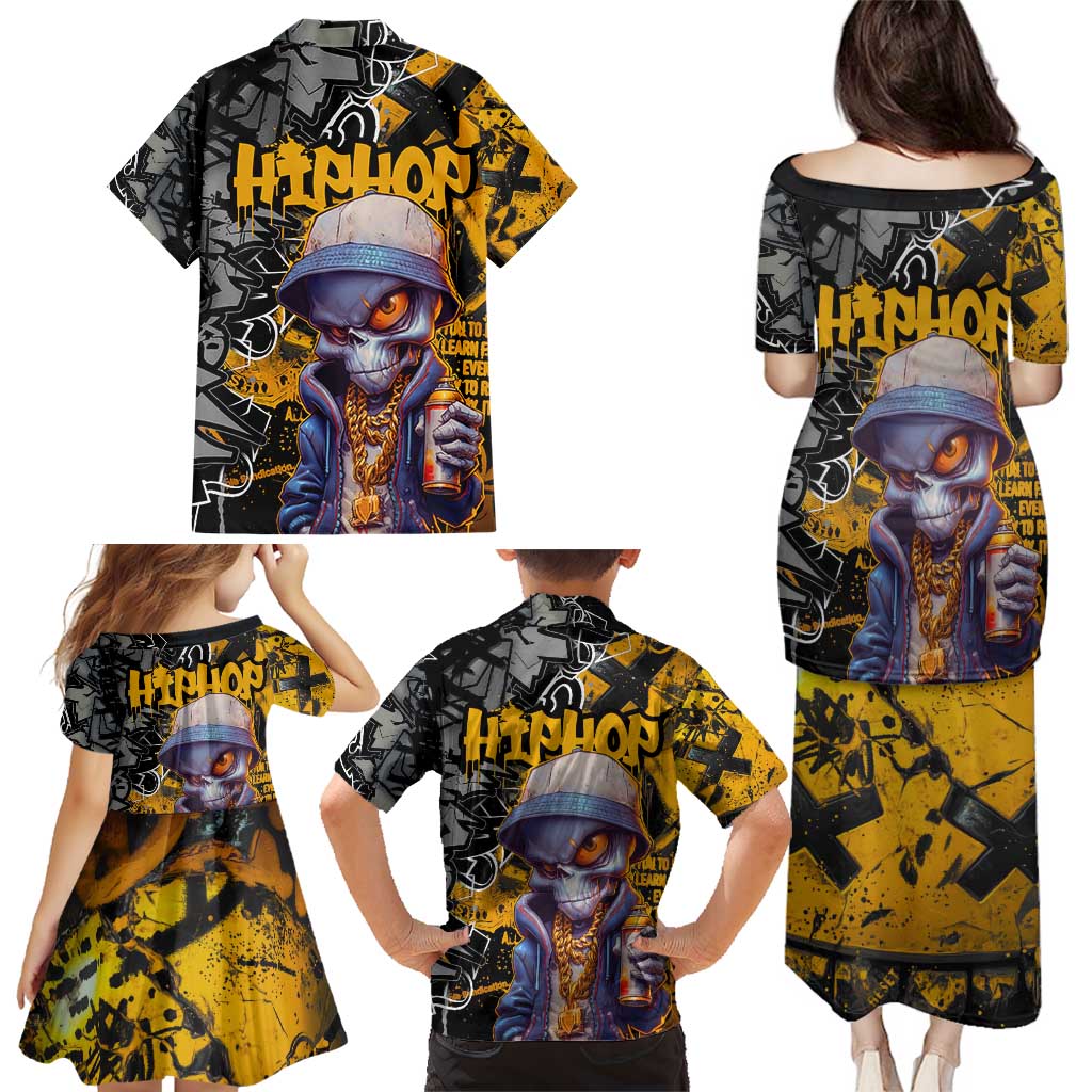 Hip Hop Street Style Family Matching Puletasi and Hawaiian Shirt Yellow and Black Graffiti and Urban Skull Character Design - Wonder Print Shop