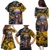 Hip Hop Street Style Family Matching Puletasi and Hawaiian Shirt Yellow and Black Graffiti and Urban Skull Character Design - Wonder Print Shop