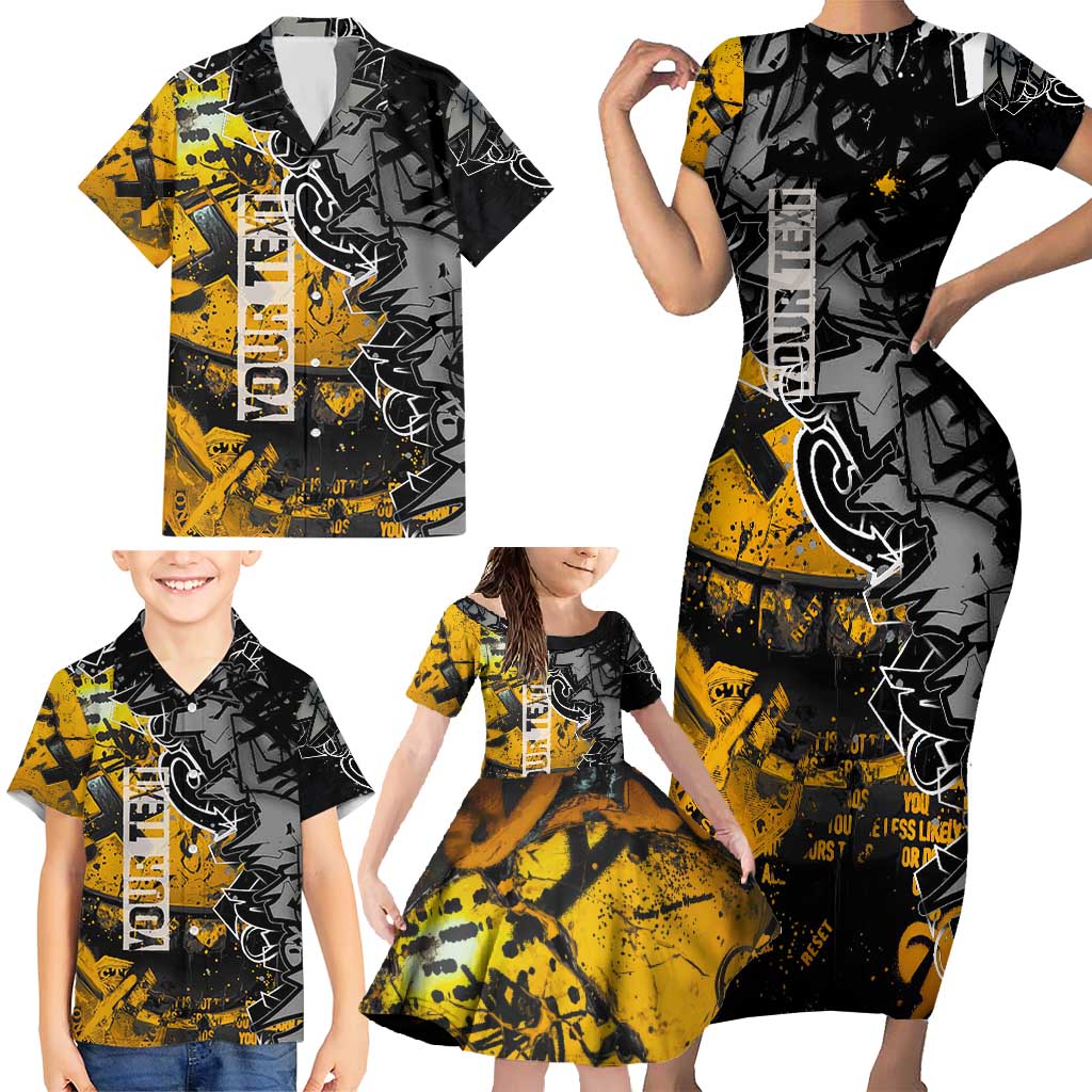 Hip Hop Street Style Family Matching Short Sleeve Bodycon Dress and Hawaiian Shirt Yellow and Black Graffiti and Urban Skull Character Design - Wonder Print Shop