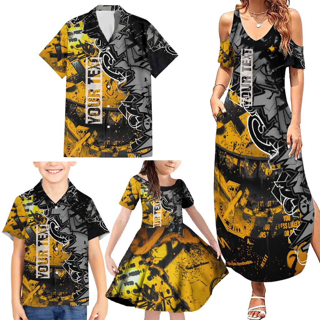 Hip Hop Street Style Family Matching Summer Maxi Dress and Hawaiian Shirt Yellow and Black Graffiti and Urban Skull Character Design - Wonder Print Shop