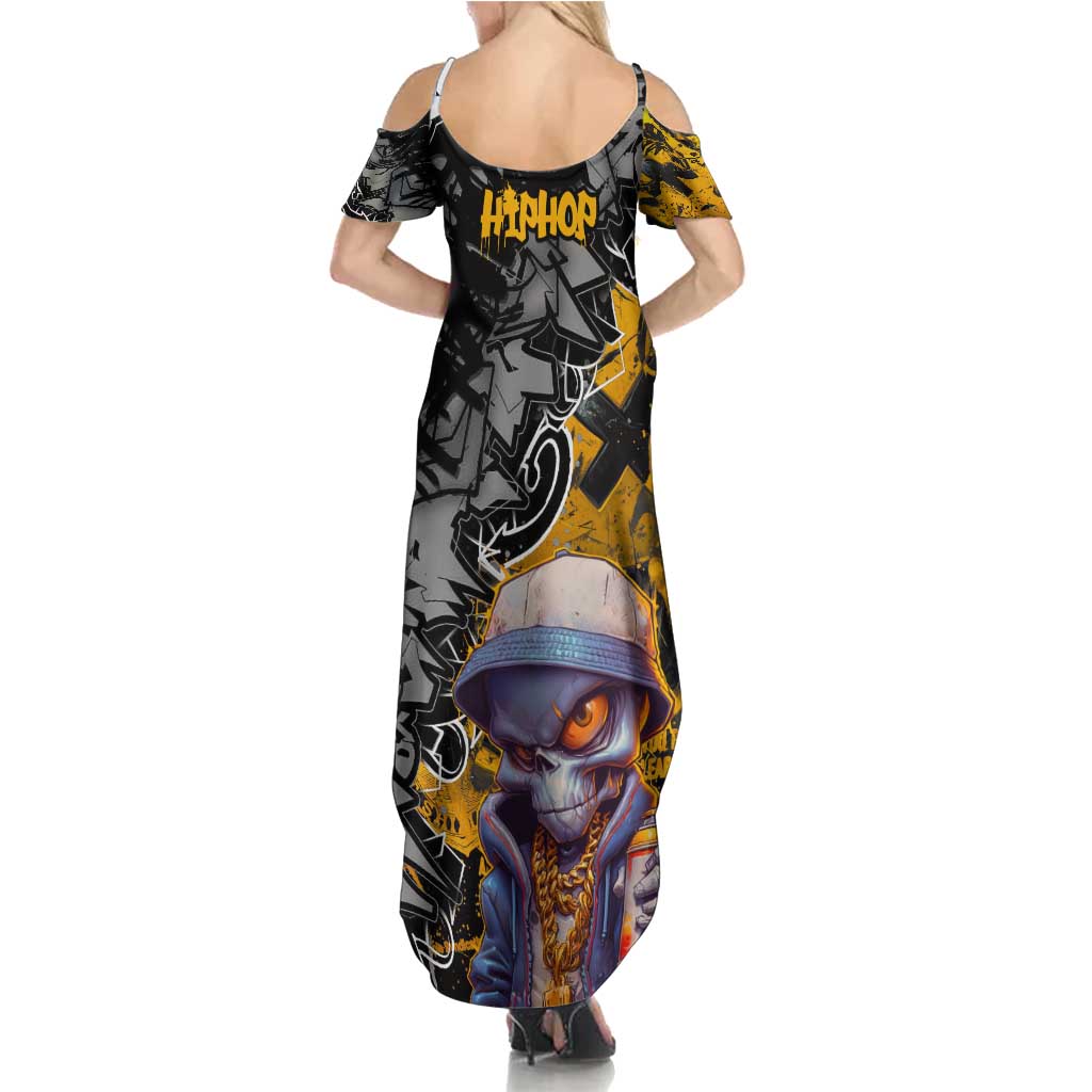 Hip Hop Street Style Family Matching Summer Maxi Dress and Hawaiian Shirt Yellow and Black Graffiti and Urban Skull Character Design - Wonder Print Shop